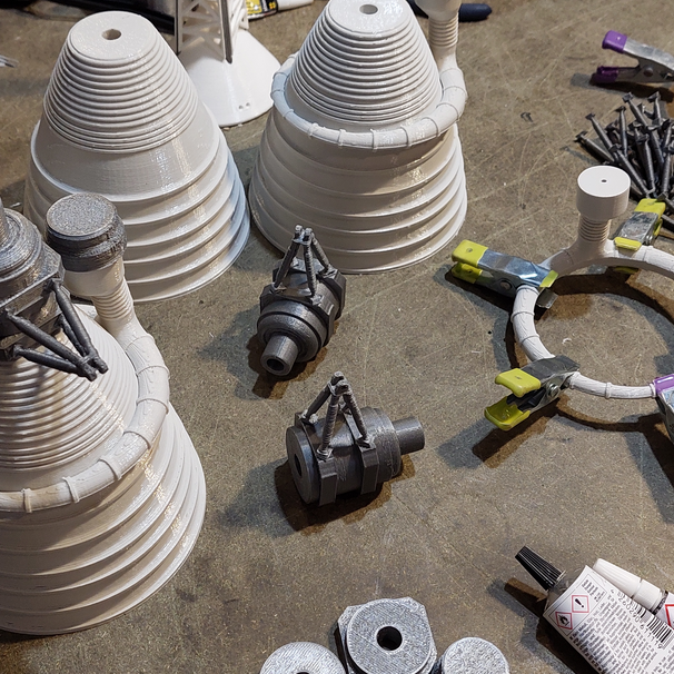 The Saturn V parts printed with PLA Economy White The Saturn V thruster parts with PLA Economy White